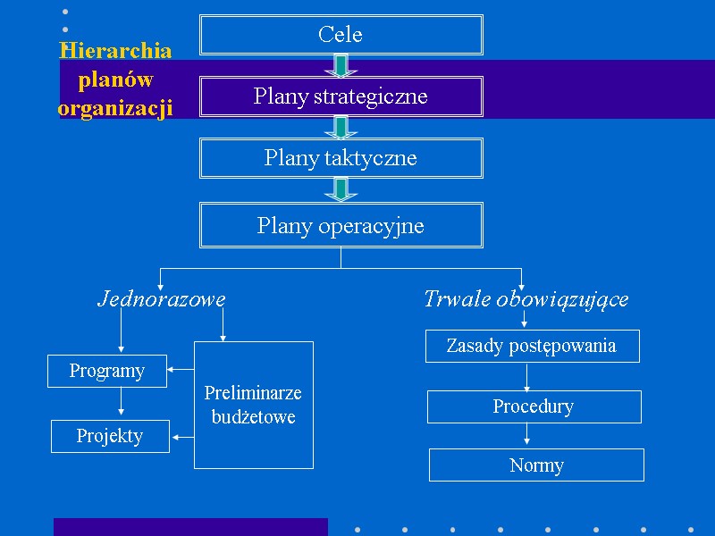 Cele Plany strategiczne Plany taktyczne Plany operacyjne Jednorazowe Trwale obowiązujące Programy Projekty  Preliminarze